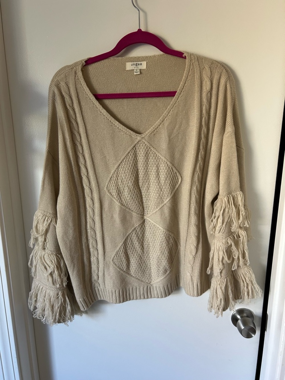 Umgee Cream Fringe Diamond Cable V-Neck Sweater
